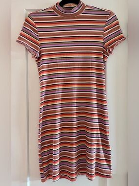 Billabong Multicolor Striped Ribbed Midi Dress - Purple, Orange, Pink, Brown